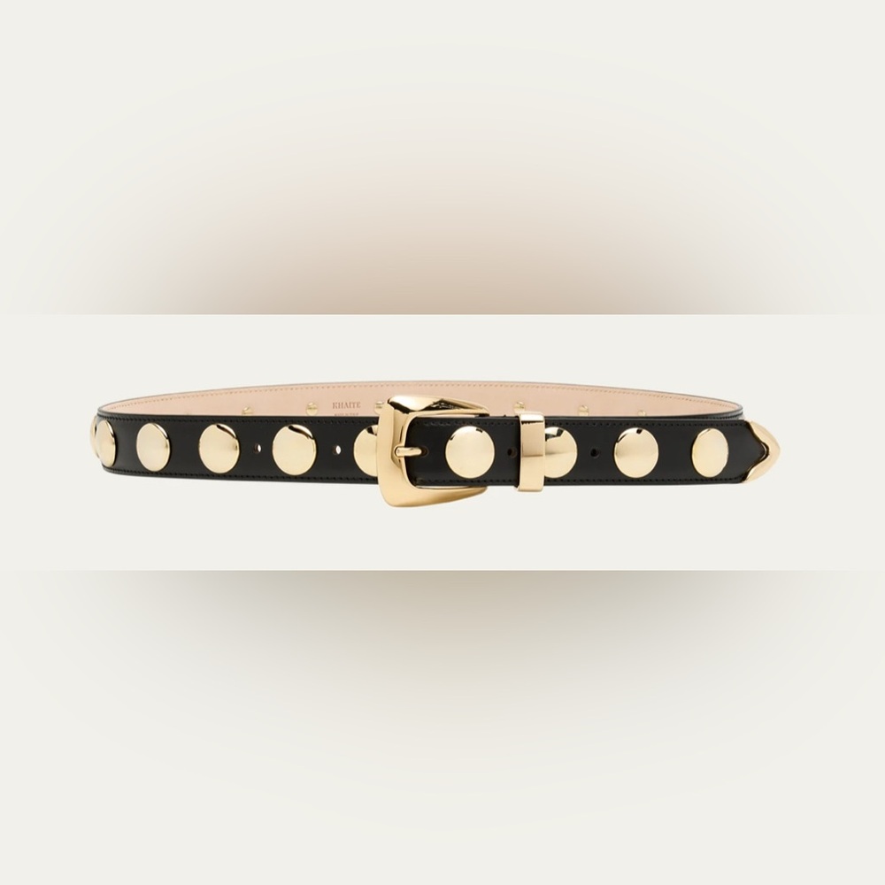 Khaite Benny Leather Studded Belt, black/gold, XS/S